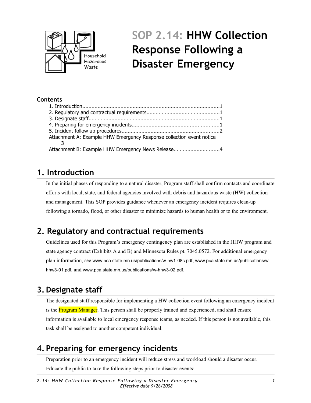 SOP 2.14: HHW Collection Response Following a Disaster Emergency