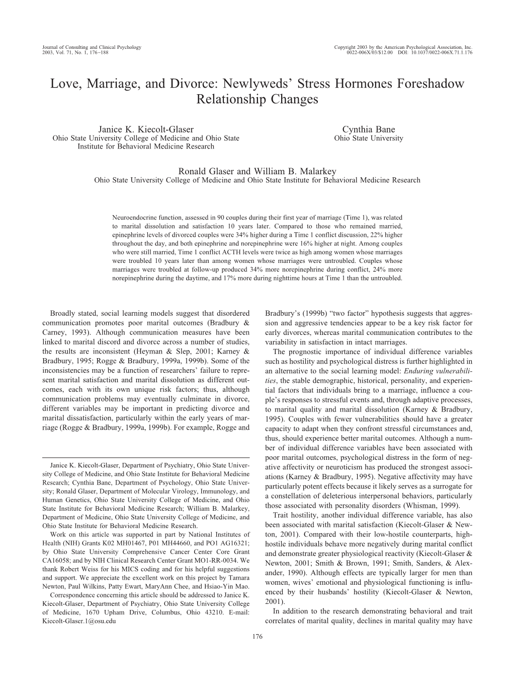 Love, Marriage, and Divorce: Newlyweds' Stress Hormones