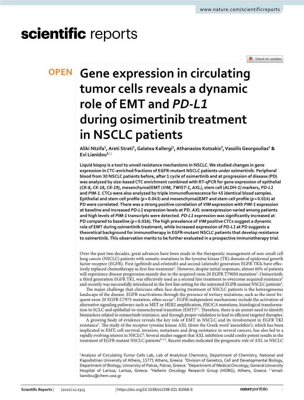 Gene Expression in Circulating Tumor Cells Reveals a Dynamic Role of EMT and PD-L1 During Osimertinib Treatment in NSCLC Patient