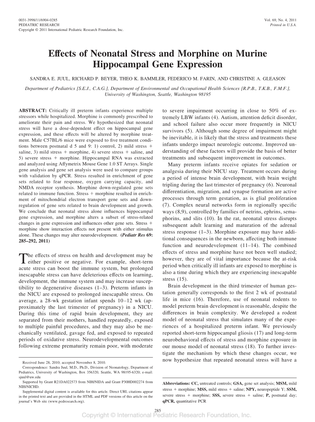 Effects of Neonatal Stress and Morphine on Murine Hippocampal Gene Expression