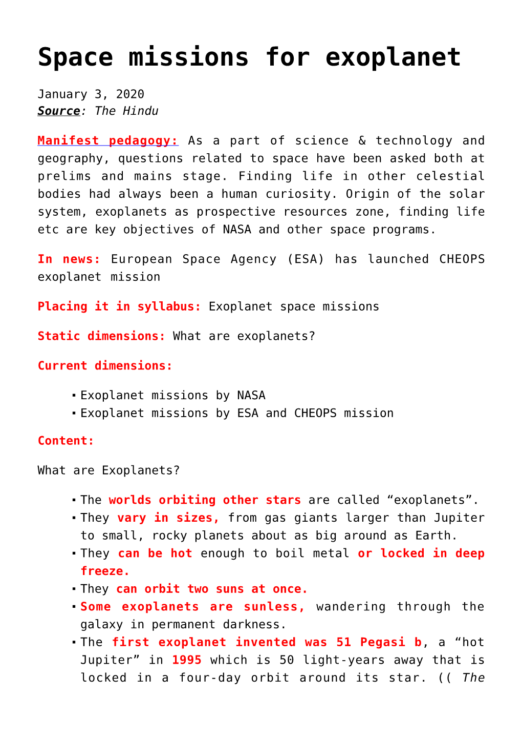 Space Missions for Exoplanet