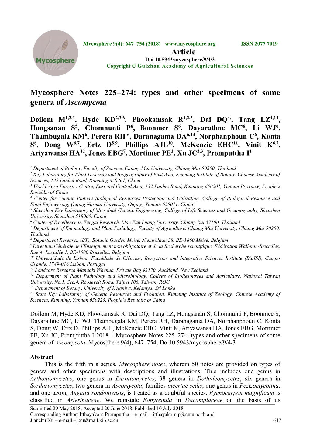 Mycosphere Notes 225–274: Types and Other Specimens of Some Genera of Ascomycota