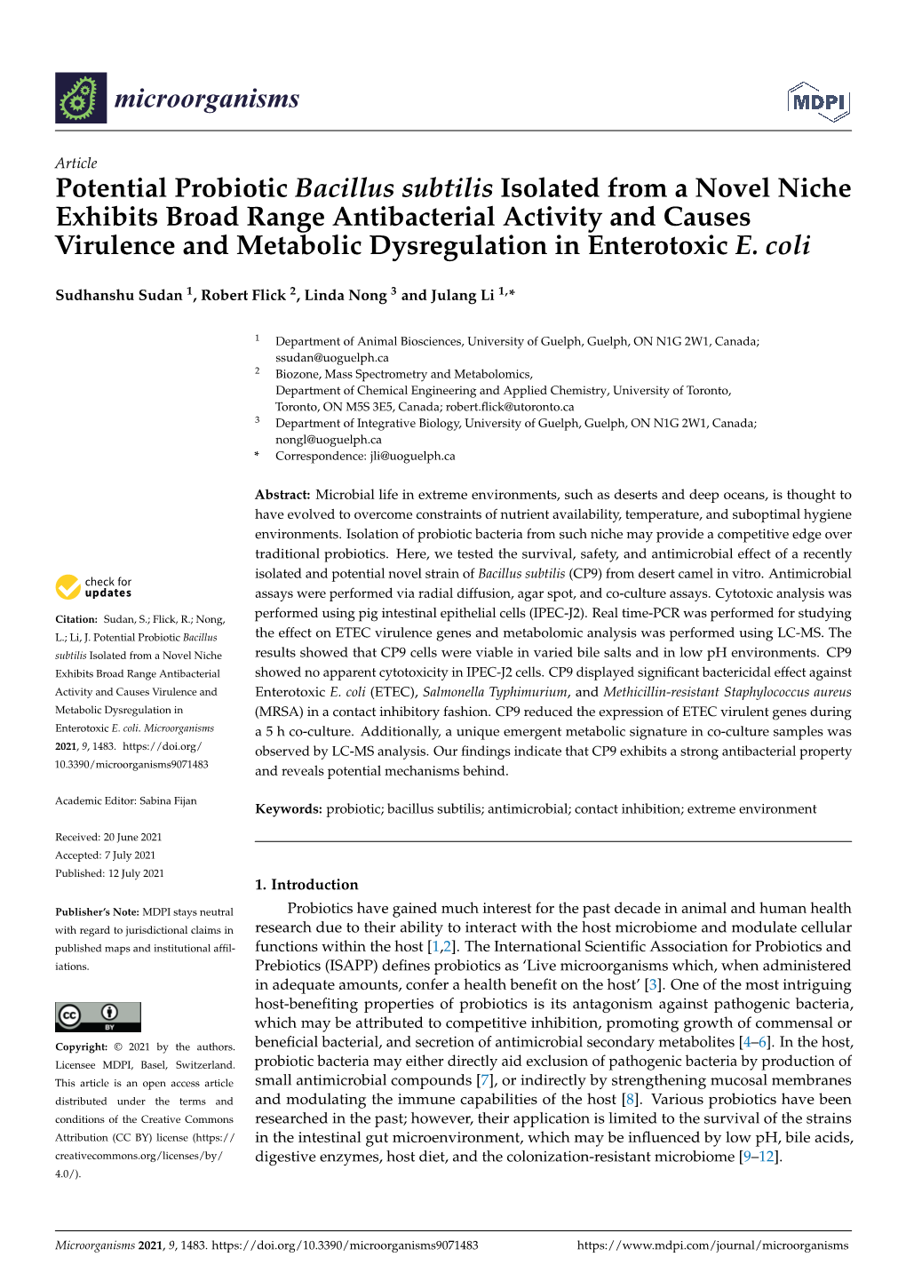 Potential Probiotic Bacillus Subtilis Isolated from a Novel Niche