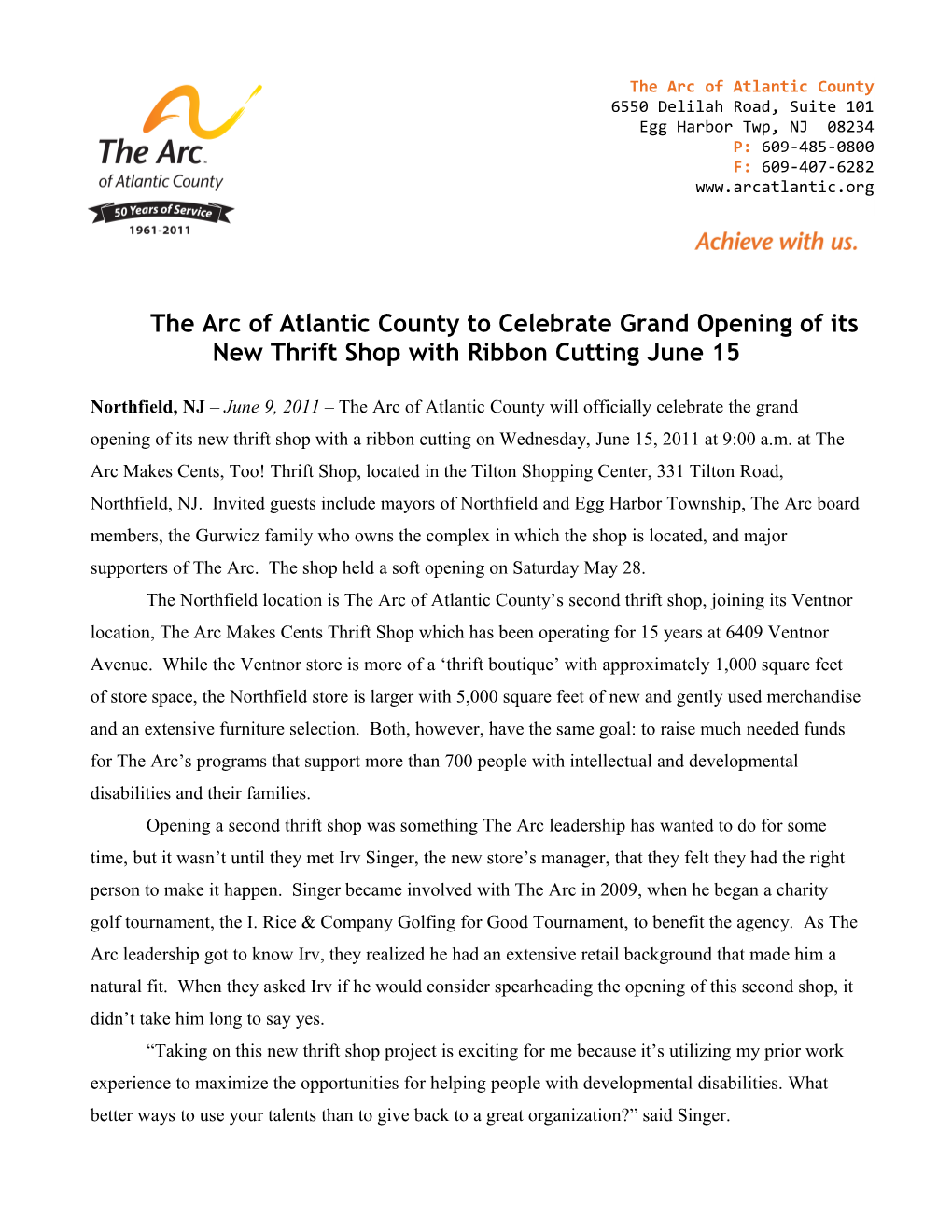 The Arc of Atlantic County to Celebrate Grand Opening of Its New Thrift Shop with Ribbon