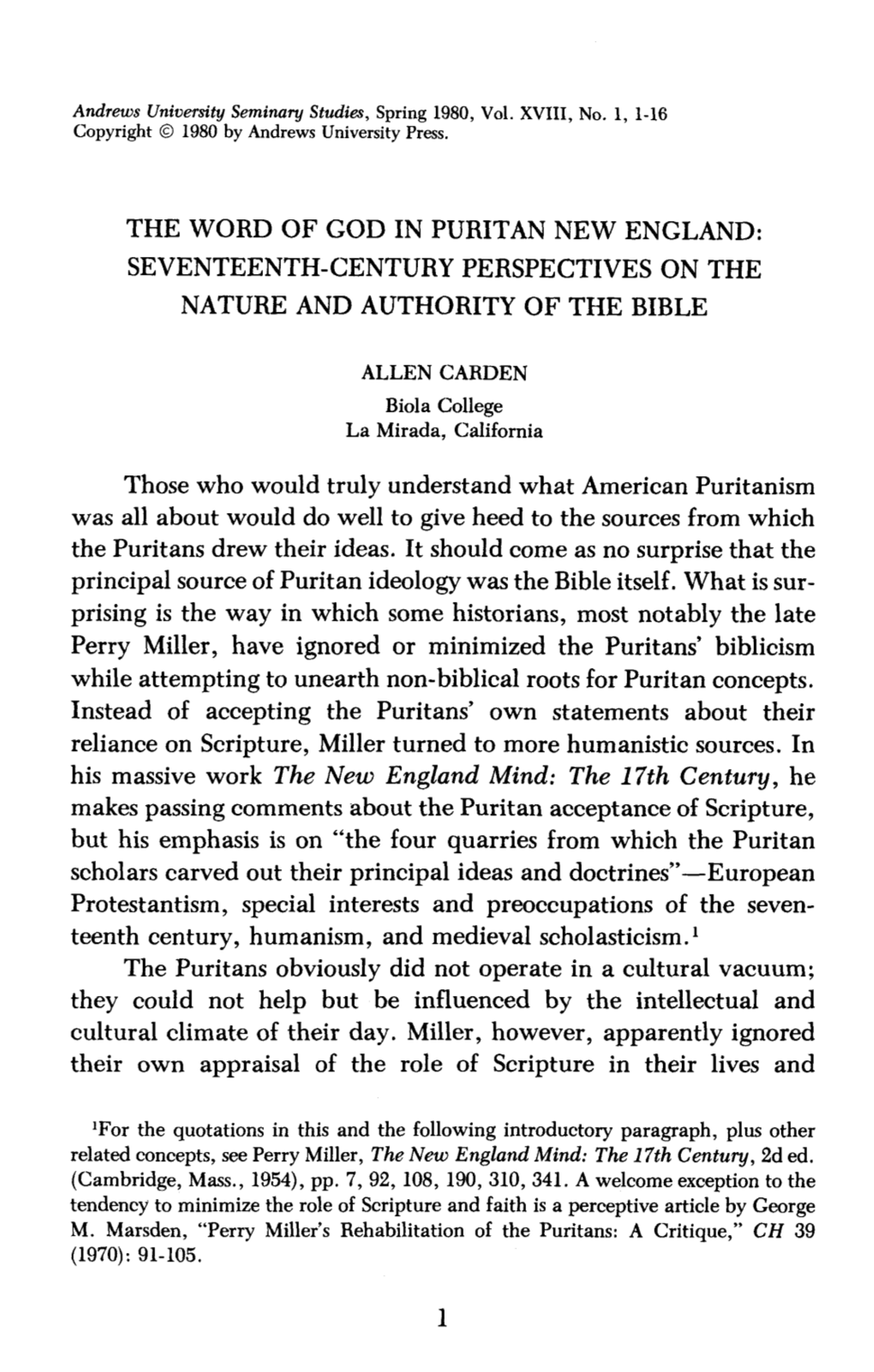 The Word of God in Puritan New England: Seventeenth-Century Perspectives on the Nature and Authority of the Bible