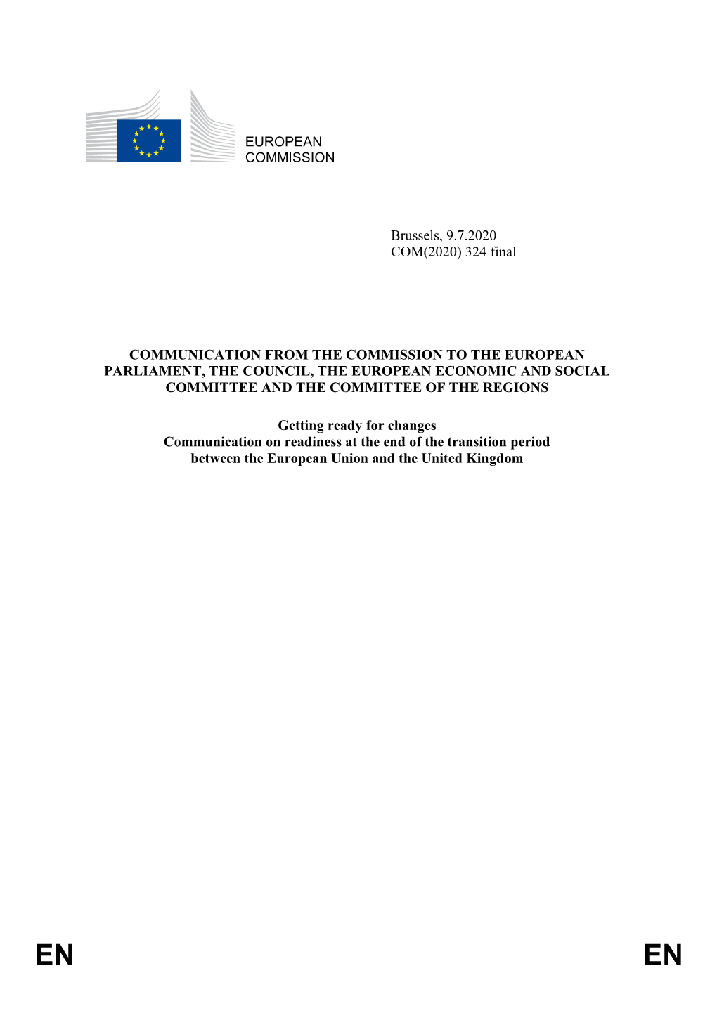 Communication on Readiness at the End of the Transition Period Between the European Union and the United Kingdom