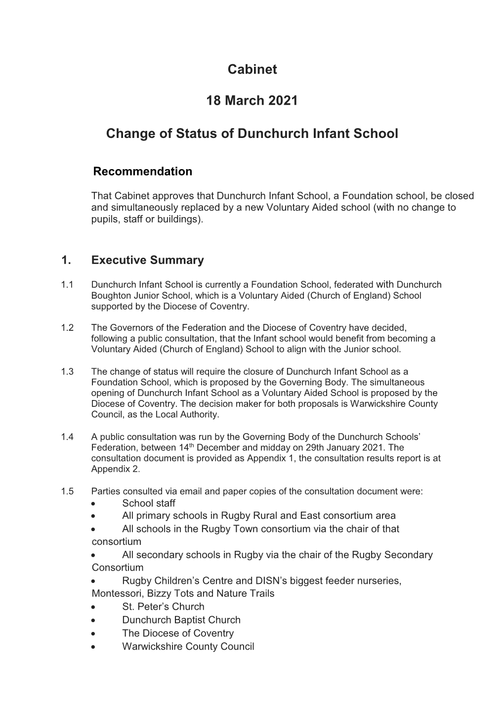 Cabinet 18 March 2021 Change of Status of Dunchurch Infant School