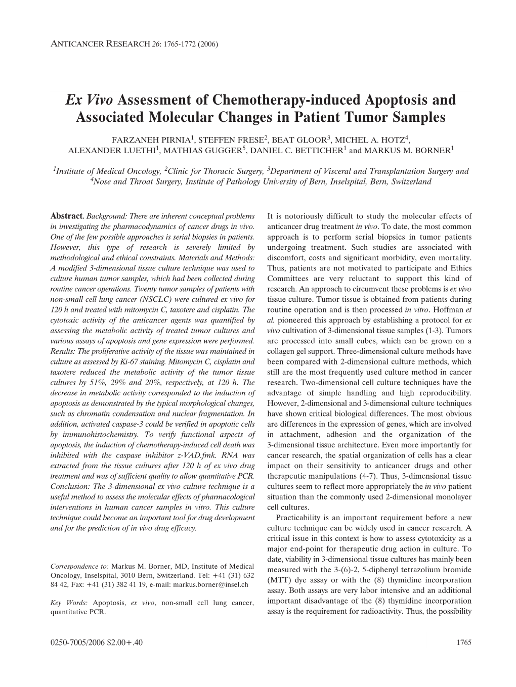 Ex Vivo Assessment of Chemotherapy-Induced Apoptosis and Associated Molecular Changes in Patient Tumor Samples