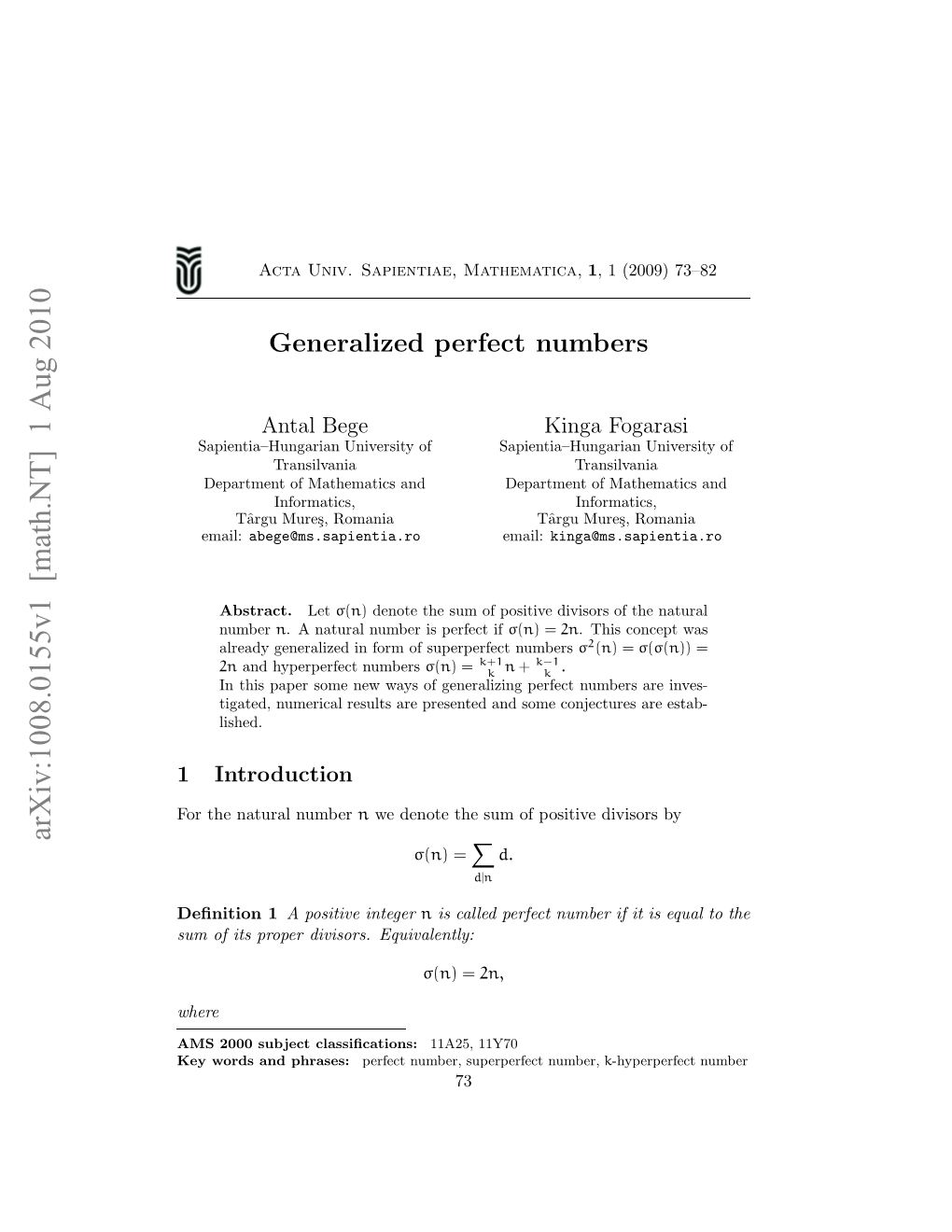 Generalized Perfect Numbers