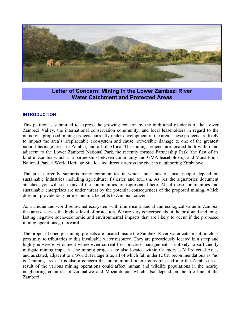 Letter of Concern: Mining in the Lower Zambezi River Water Catchment and Protected Areas