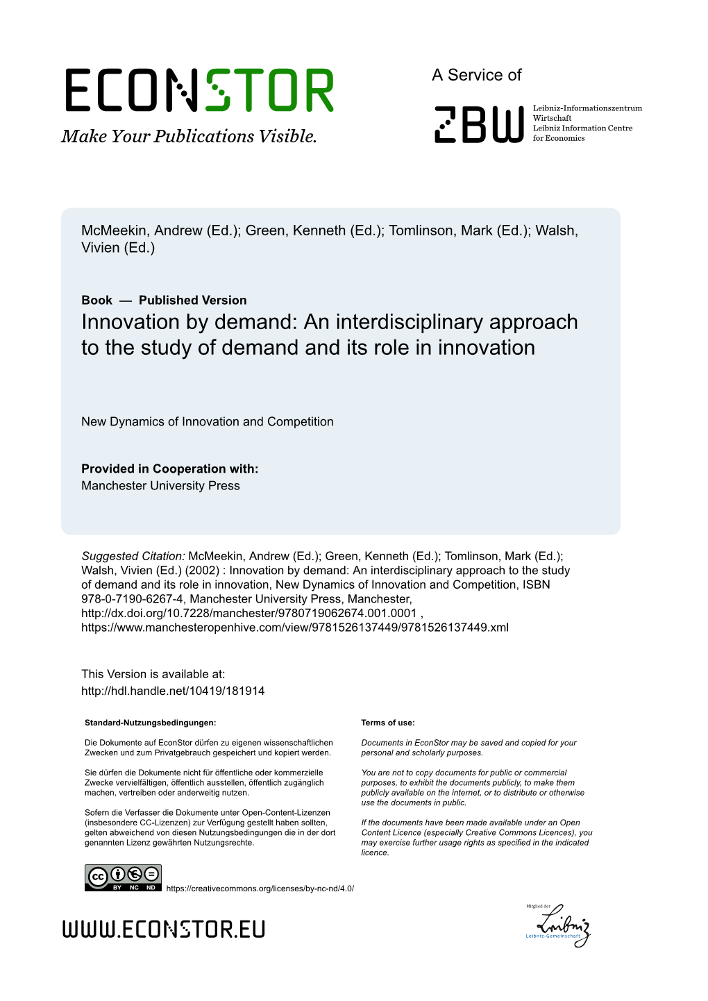 Innovation by Demand: an Interdisciplinary Approach to the Study of Demand and Its Role in Innovation