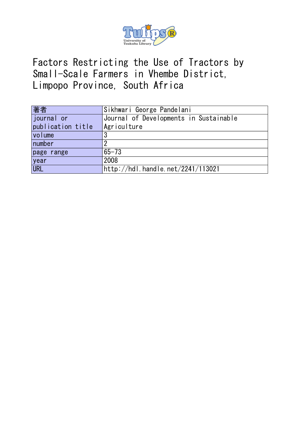 Factors Restricting the Use of Tractors by Small-Scale Farmers in Vhembe District, Limpopo Province, South Africa