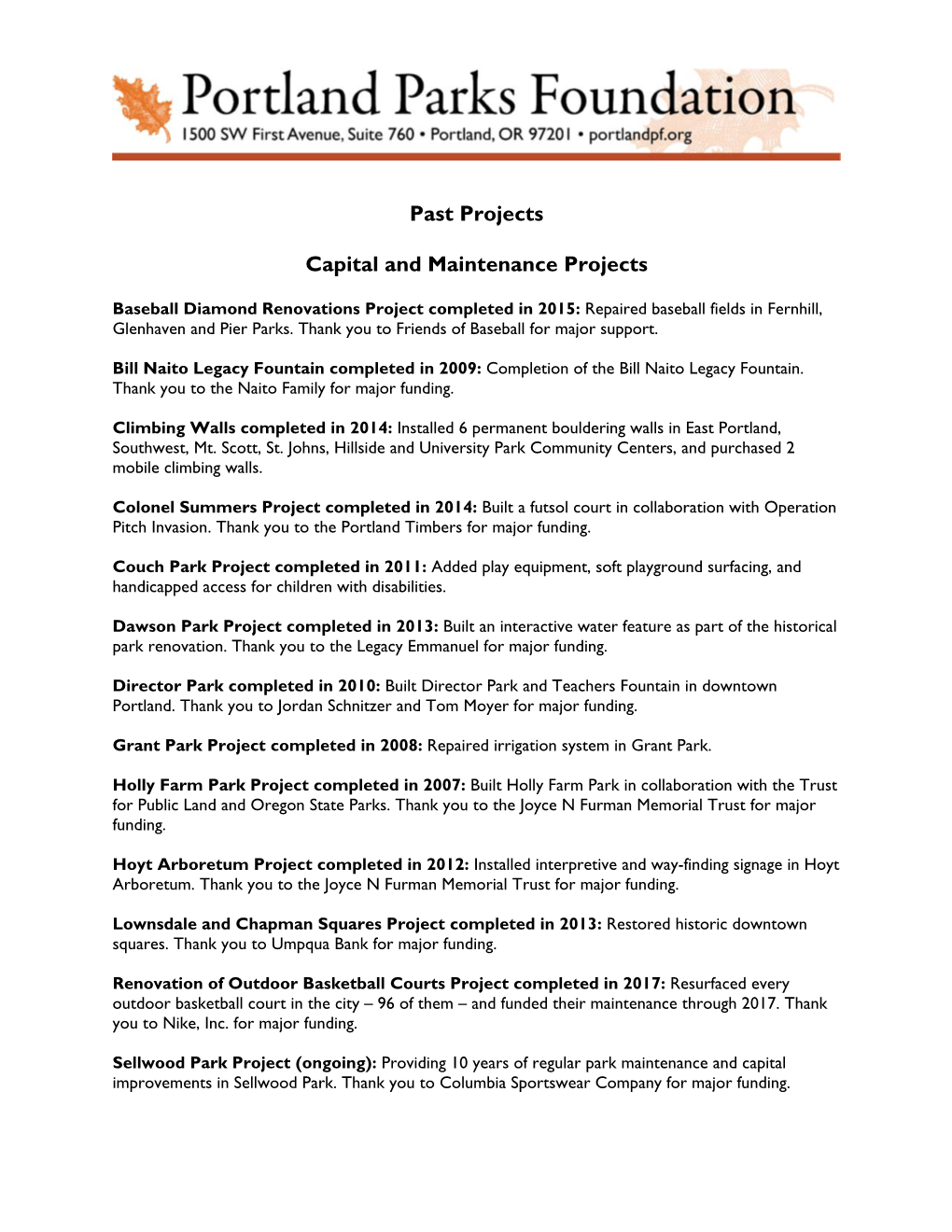 Past Projects Capital and Maintenance Projects