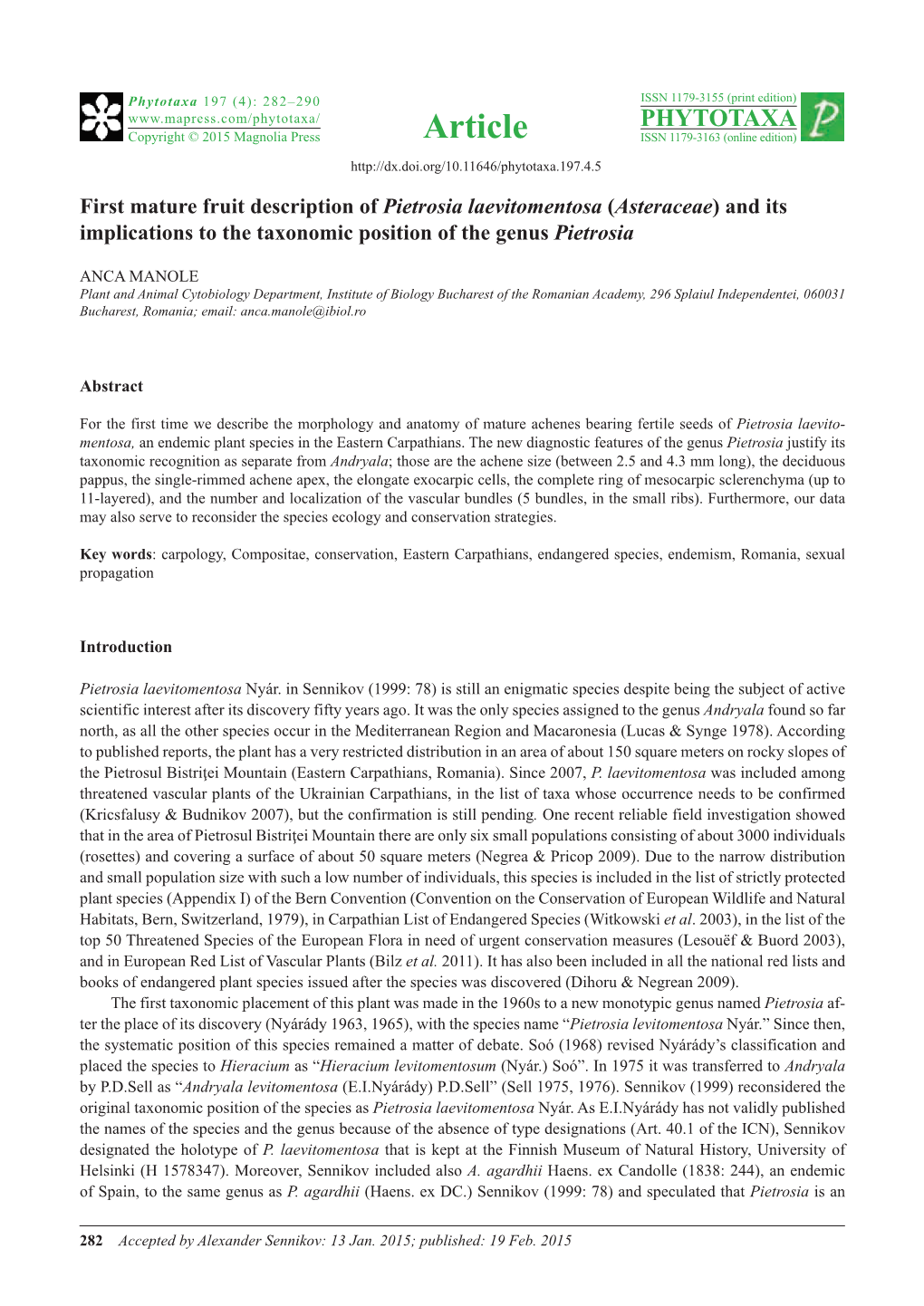 Asteraceae) and Its Implications to the Taxonomic Position of the Genus Pietrosia