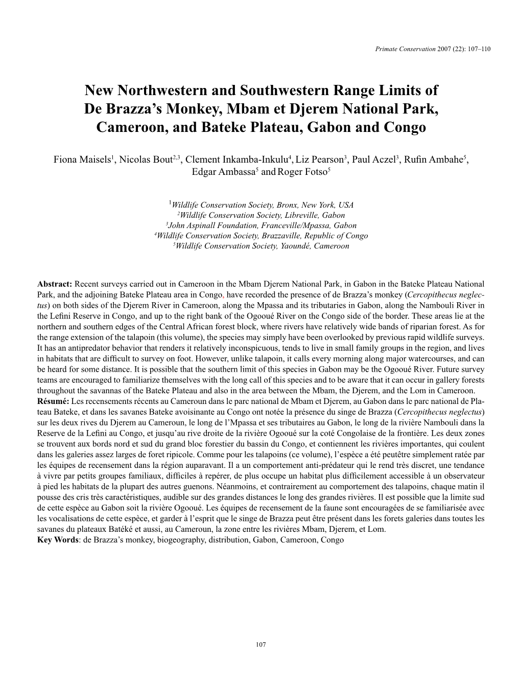 New Northwestern and Southwestern Range Limits of De Brazz's Monkey, Mbam Et Djerem National Park, Cameroon, and Bateke Plat