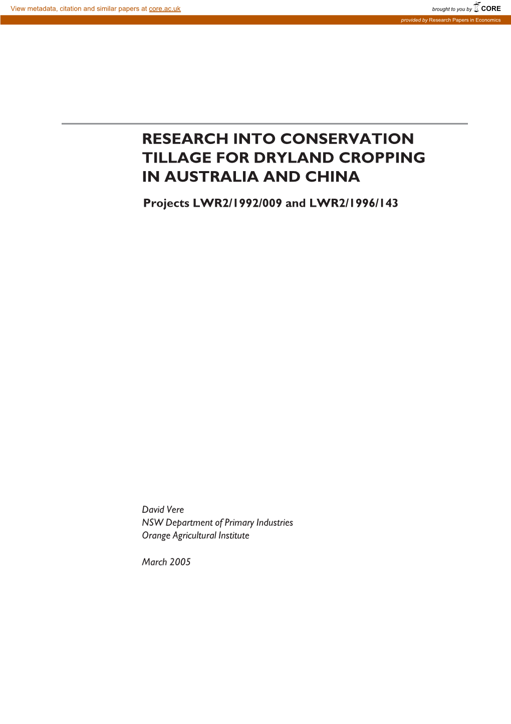 Research Into Conservation Tillage for Dryland Cropping in Australia and China