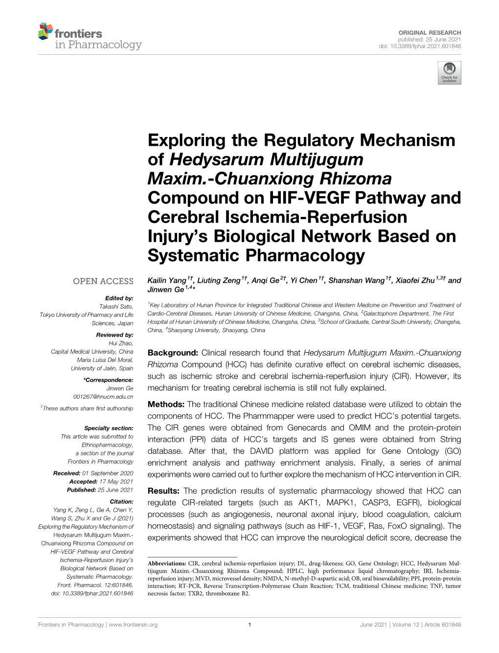 Chuanxiong Rhizoma Compound on HIF-VEGF Pathway and Cerebral Ischemia-Reperfusion Injury’S Biological Network Based on Systematic Pharmacology