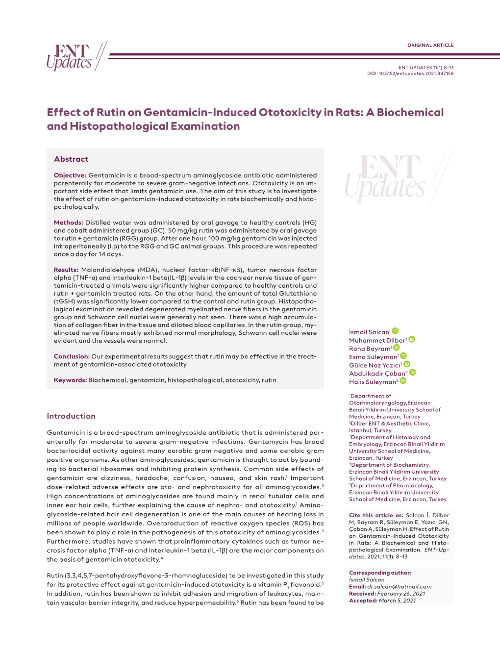 Effect of Rutin on Gentamicin-Induced Ototoxicity in Rats: a Biochemical and Histopathological Examination