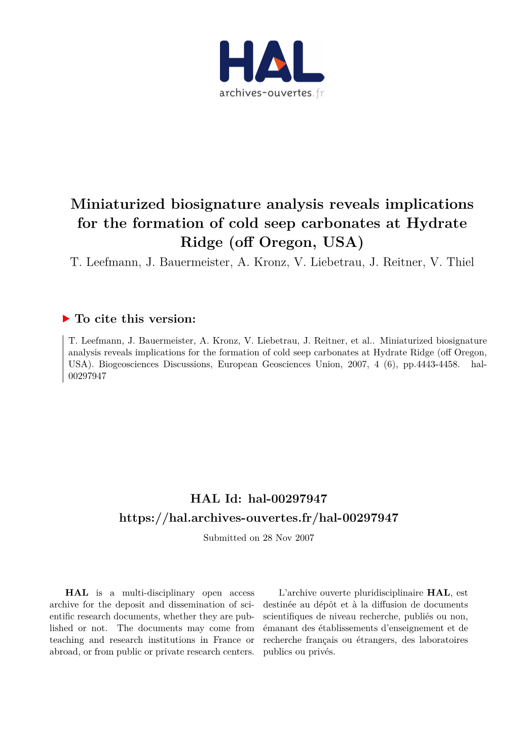 Miniaturized Biosignature Analysis Reveals Implications for the Formation of Cold Seep Carbonates at Hydrate Ridge (Off Oregon, USA) T