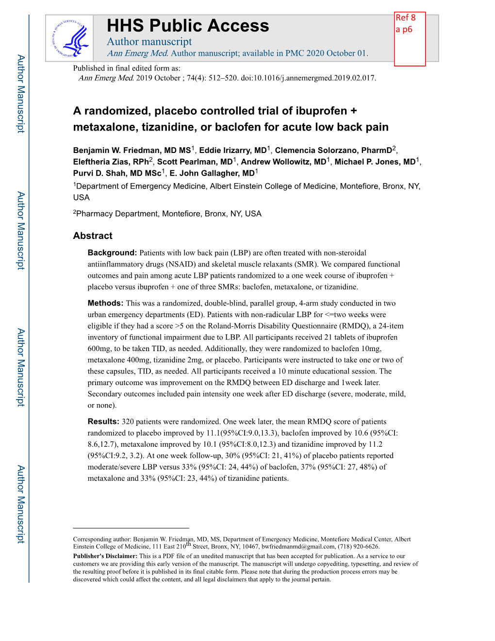 A Randomized, Placebo Controlled Trial of Ibuprofen + Metaxalone, Tizanidine, Or Baclofen for Acute Low Back Pain