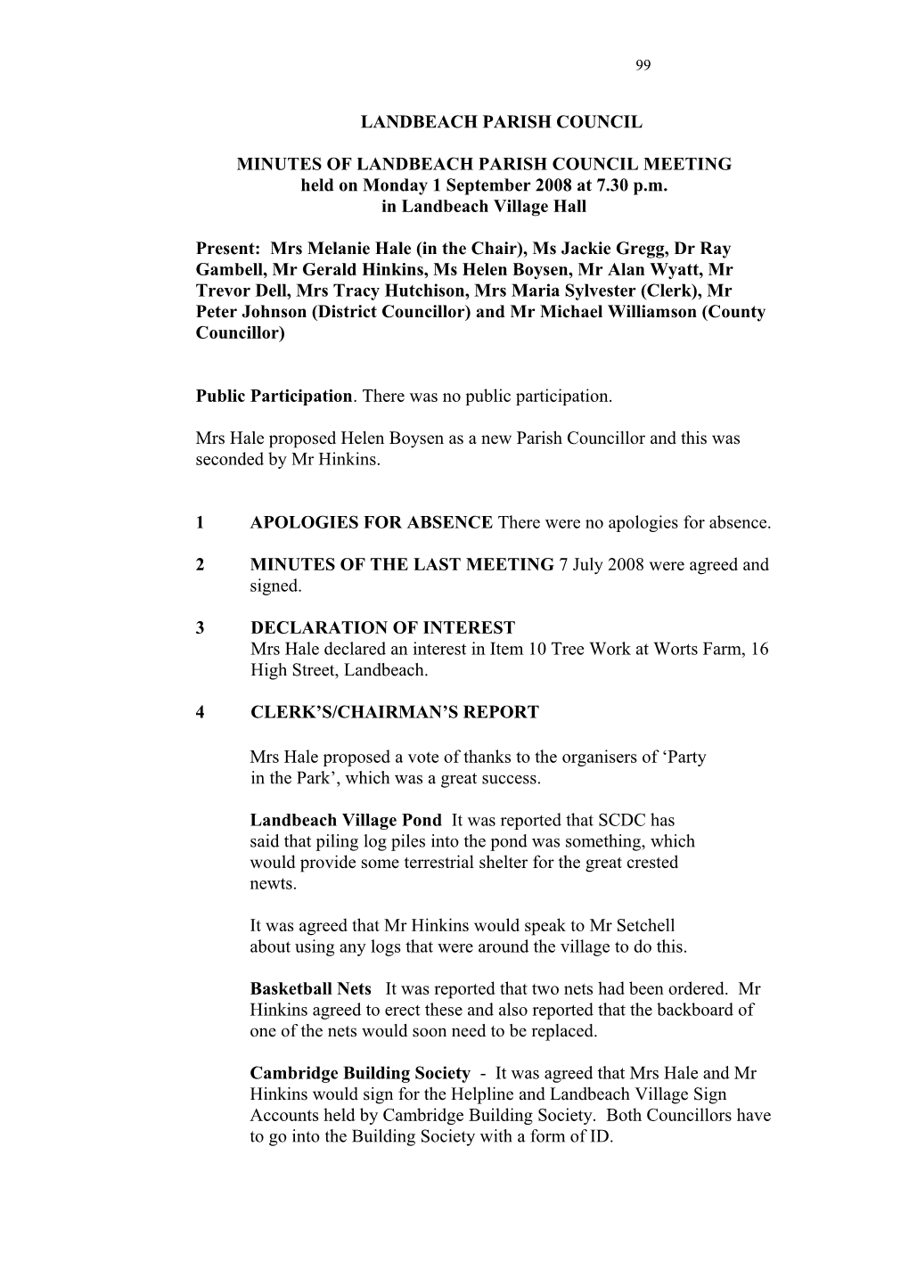 Landbeach Parish Council Minutes 1 September 2008