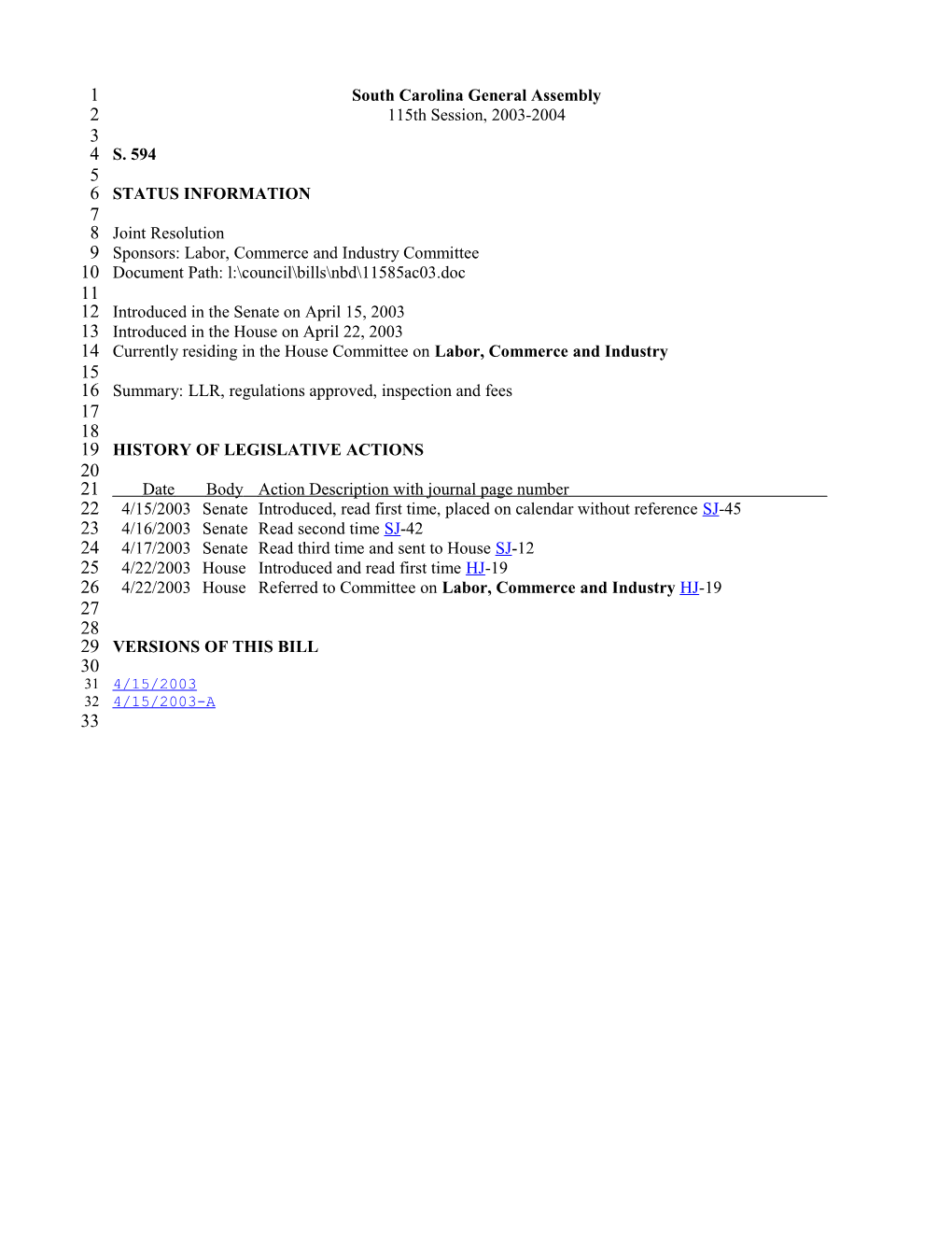 2003-2004 Bill 594: LLR, Regulations Approved, Inspection and Fees - South Carolina Legislature