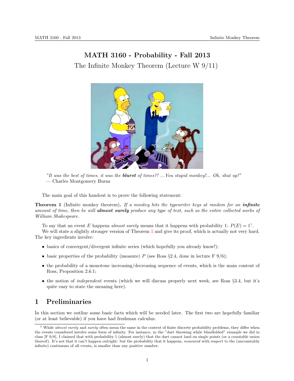 Probability - Fall 2013 the Inﬁnite Monkey Theorem (Lecture W 9/11)