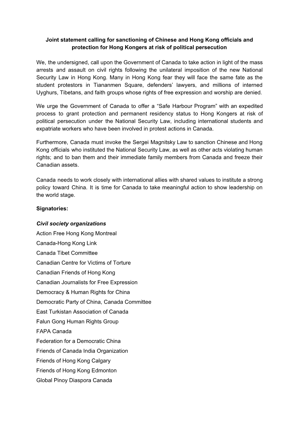 Joint Statement Calling for Sanctioning of Chinese and Hong Kong Officials and Protection for Hong Kongers at Risk of Political Persecution