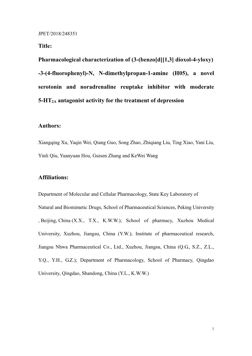 Pharmacological Characterizations of H05, a Novel Potent Serotonin And