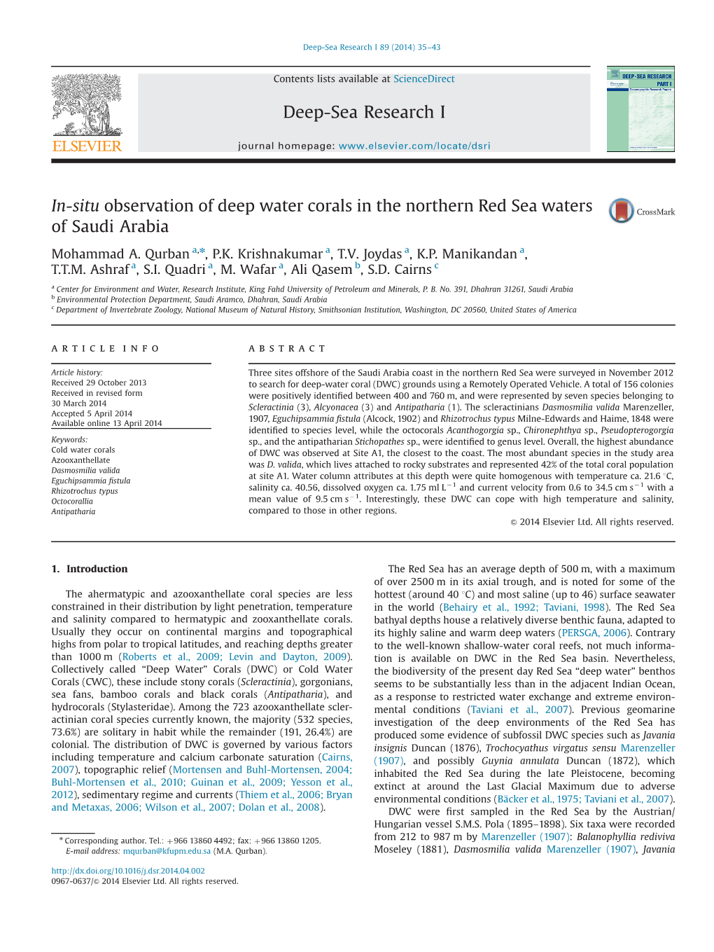 In-Situ Observation of Deep Water Corals in the Northern Red Sea Waters of Saudi Arabia