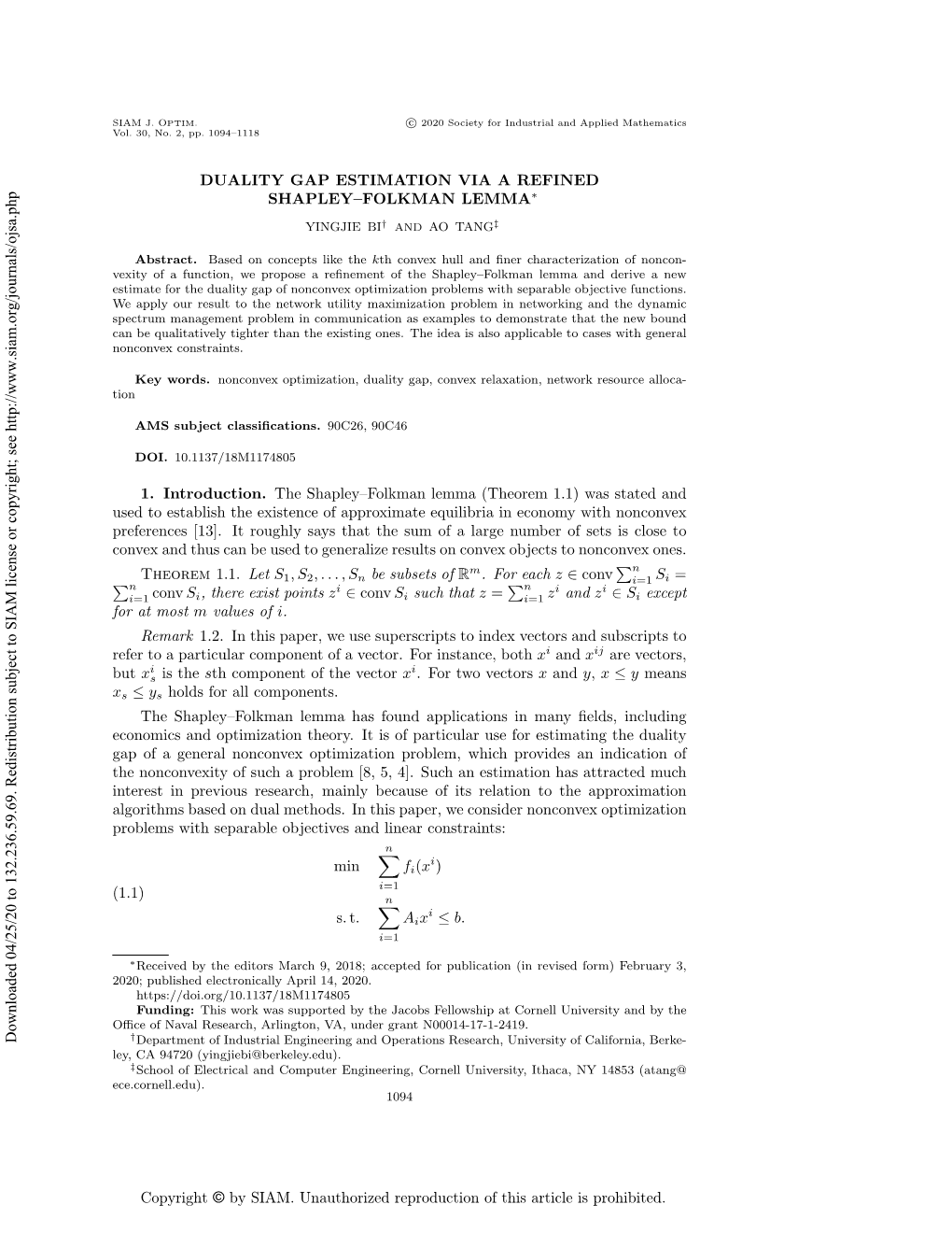 Duality Gap Estimation Via a Refined Shapley--Folkman Lemma | SIAM