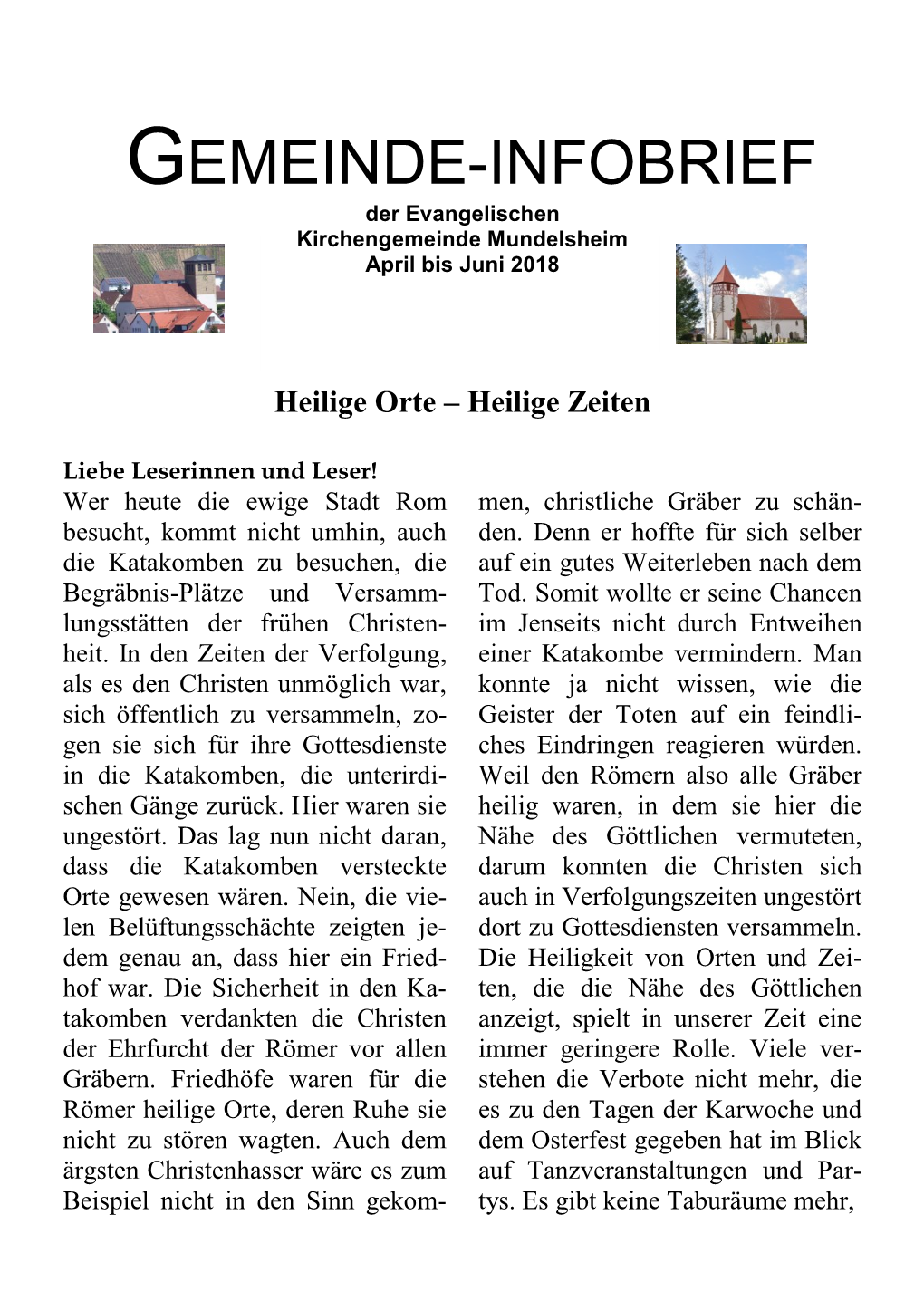 GEMEINDE-INFOBRIEF Der Evangelischen Kirchengemeinde Mundelsheim April Bis Juni 2018