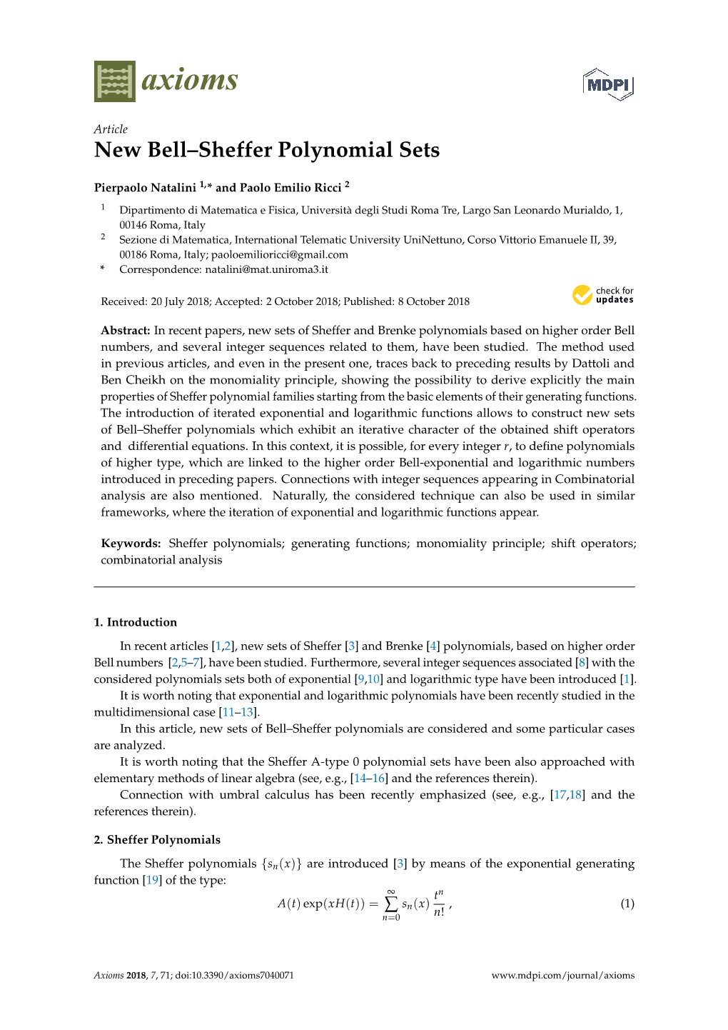 New Bell–Sheffer Polynomial Sets