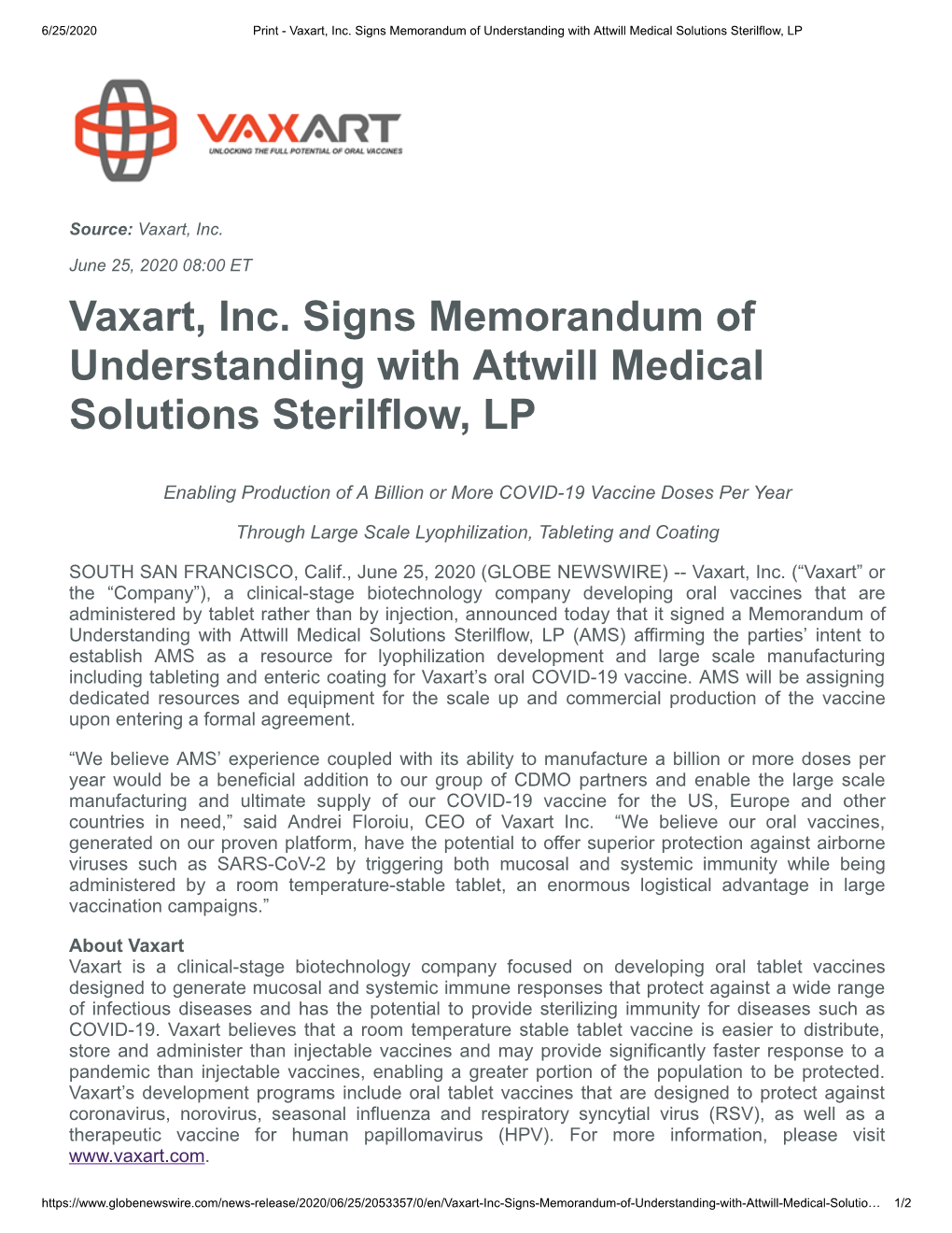 Vaxart, Inc. Signs Memorandum of Understanding with Attwill Medical Solutions Sterilflow, LP