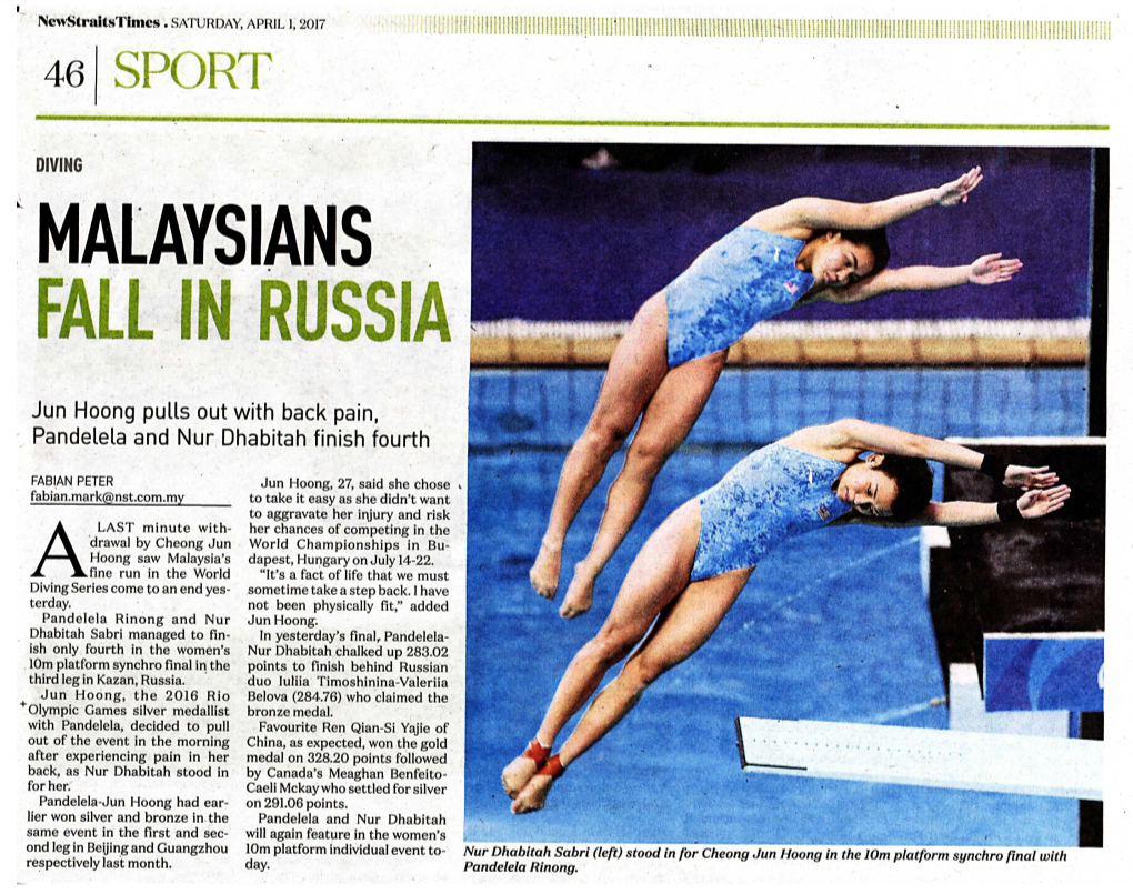 Pandelela and Nur Dhabitah Finish Fourth