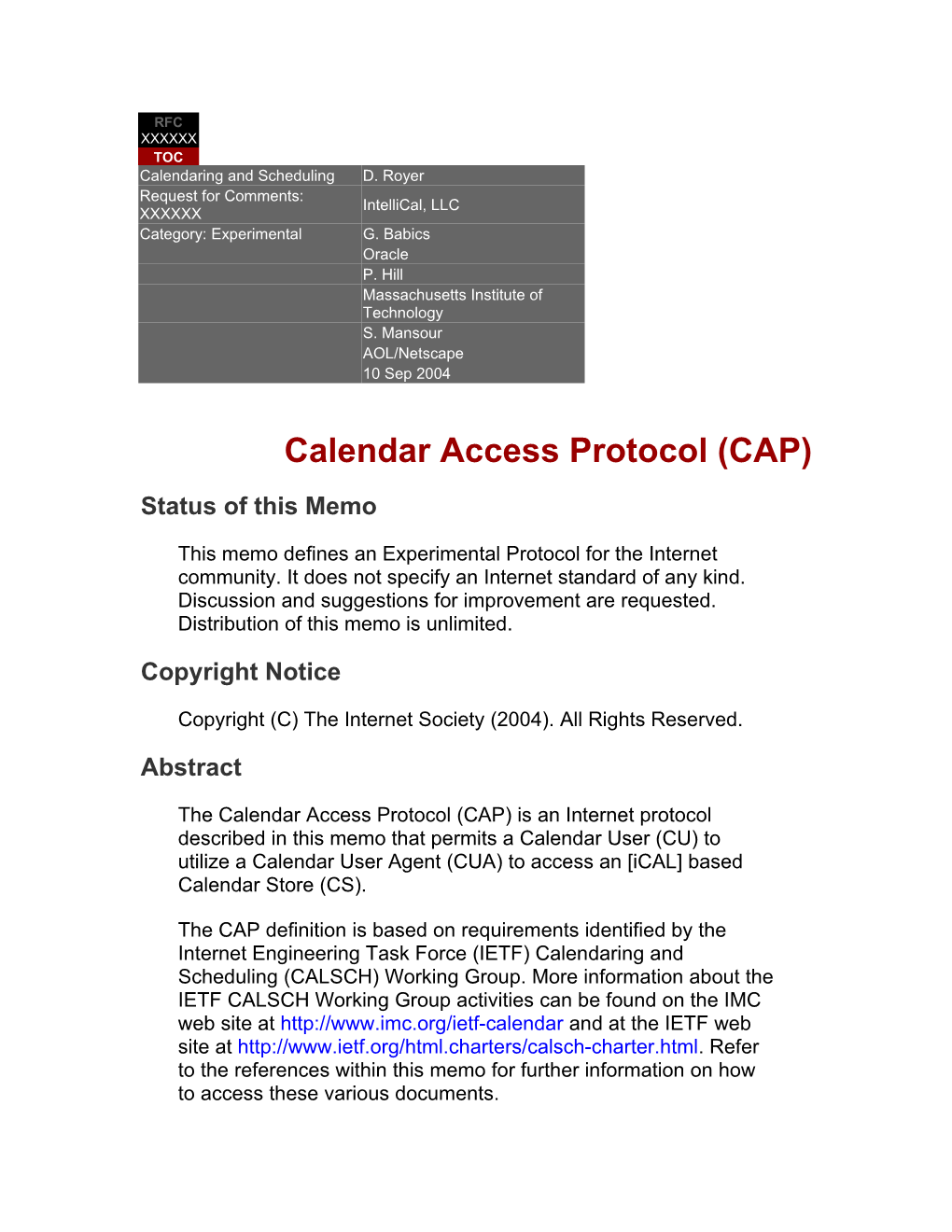 Calendar Access Protocol (CAP)