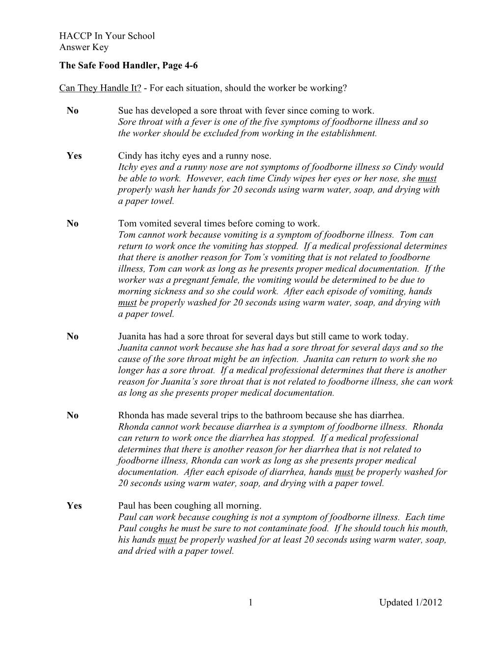 Answer Key the Safe Food Handler, Page 4-6