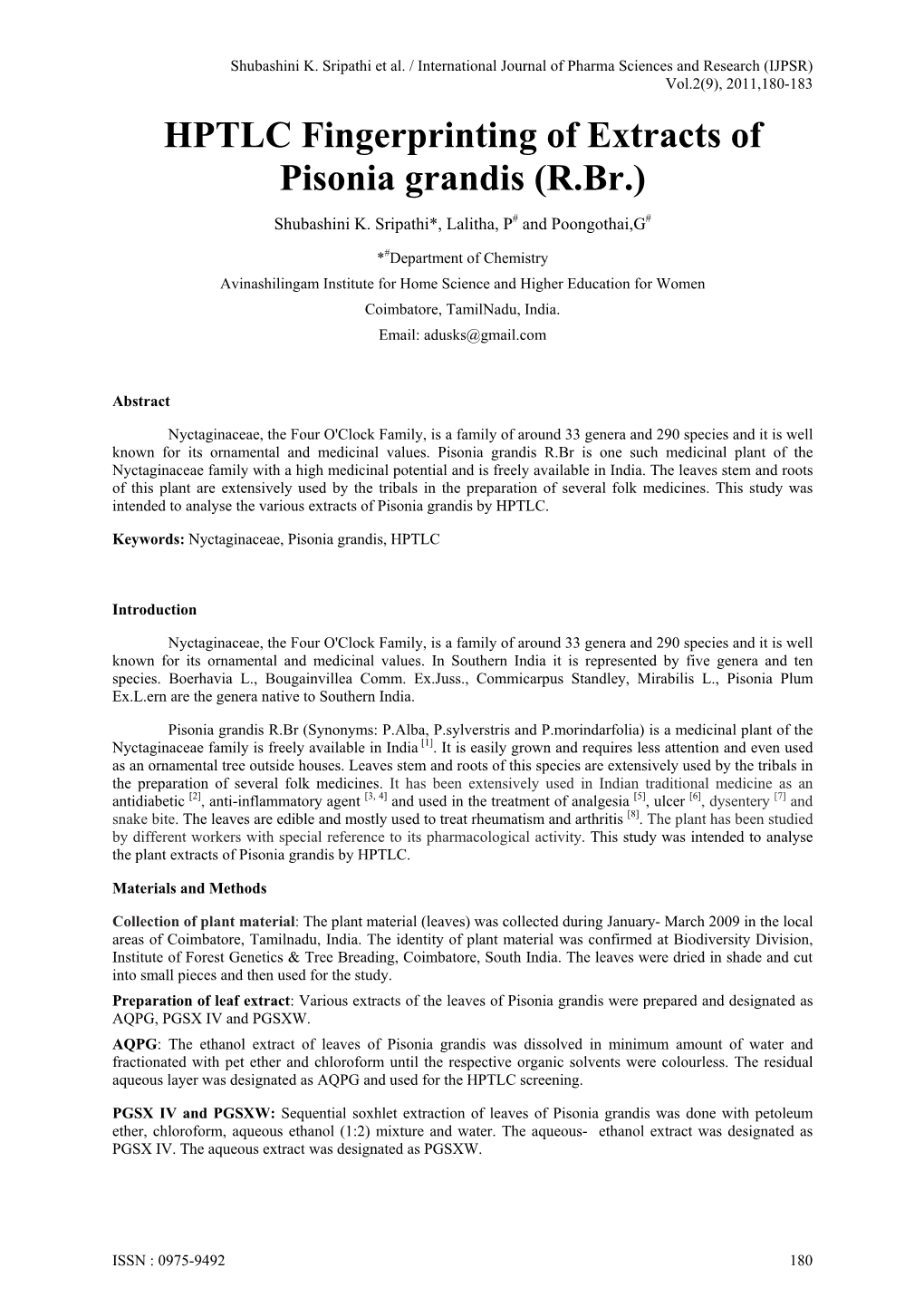 HPTLC Fingerprinting of Extracts of Pisonia Grandis (R.Br.)