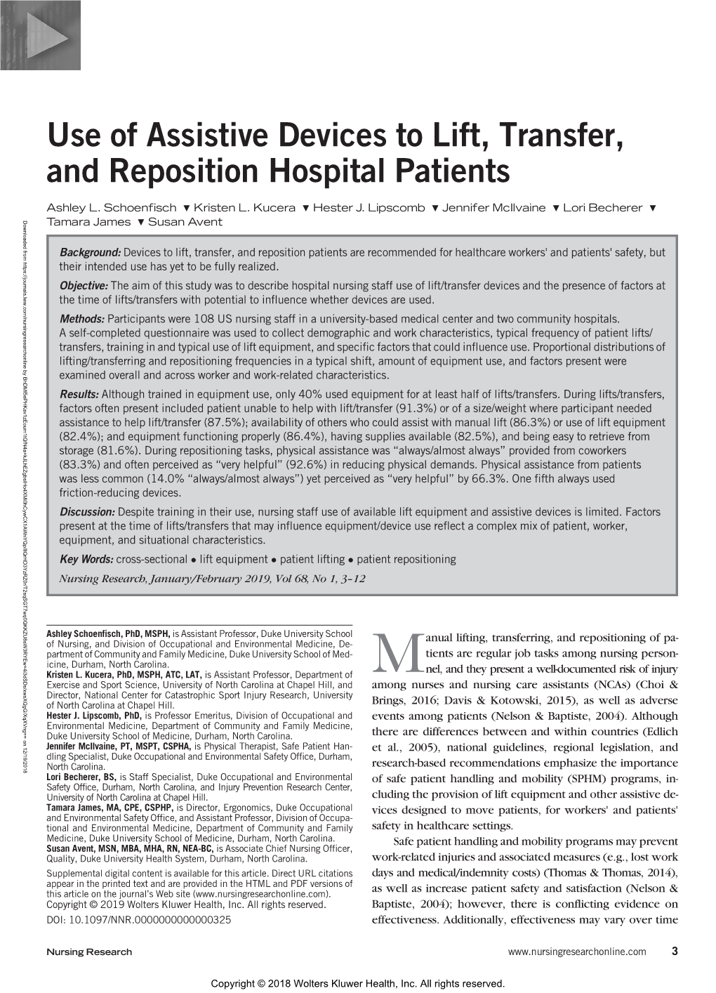 Use of Assistive Devices to Lift, Transfer, and Reposition Hospital