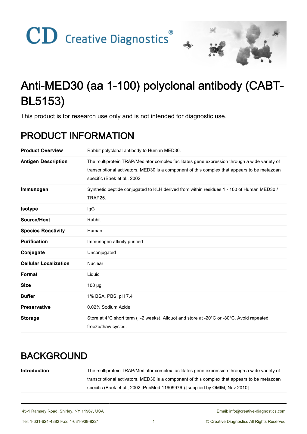 Anti-MED30 (Aa 1-100) Polyclonal Antibody (CABT- BL5153) This Product Is for Research Use Only and Is Not Intended for Diagnostic Use