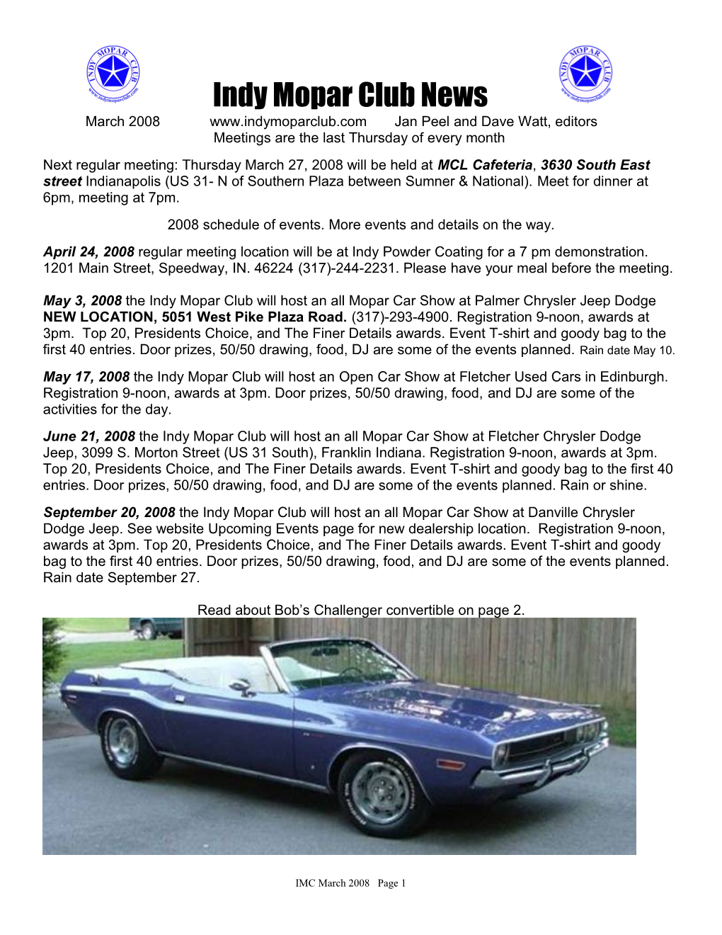 Indy Mopar Club News