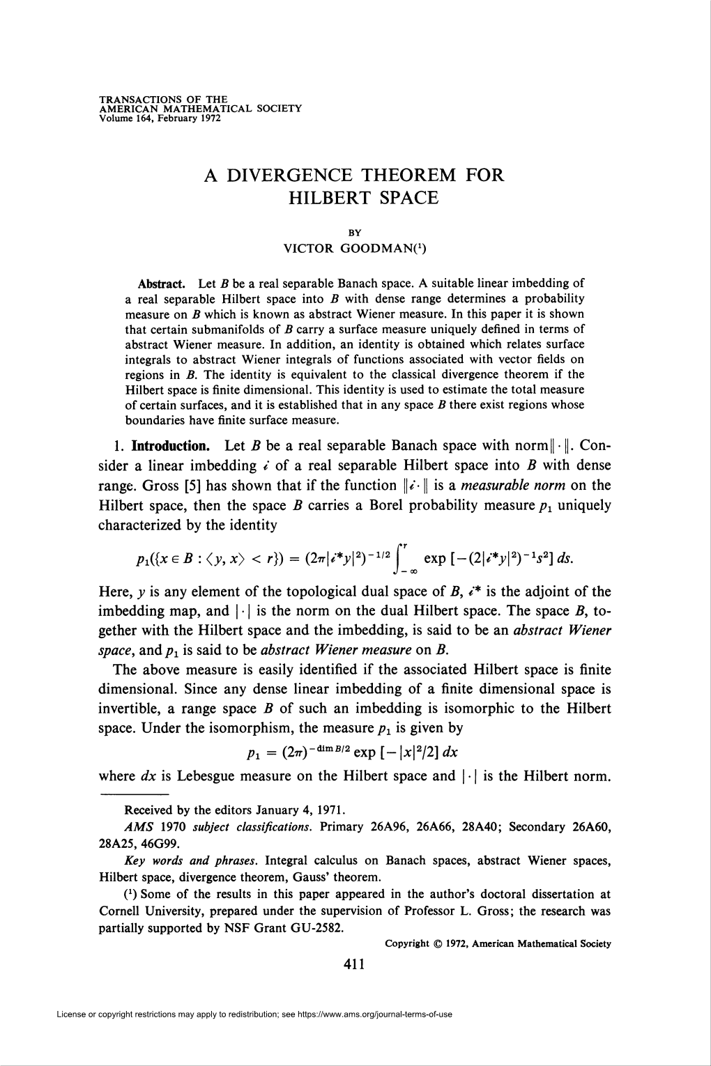 A Divergence Theorem for Hilbert Space