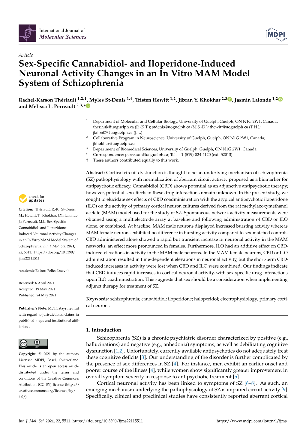 Sex-Specific Cannabidiol- and Iloperidone-Induced Neuronal Activity Changes in an in Vitro MAM Model System of Schizophrenia