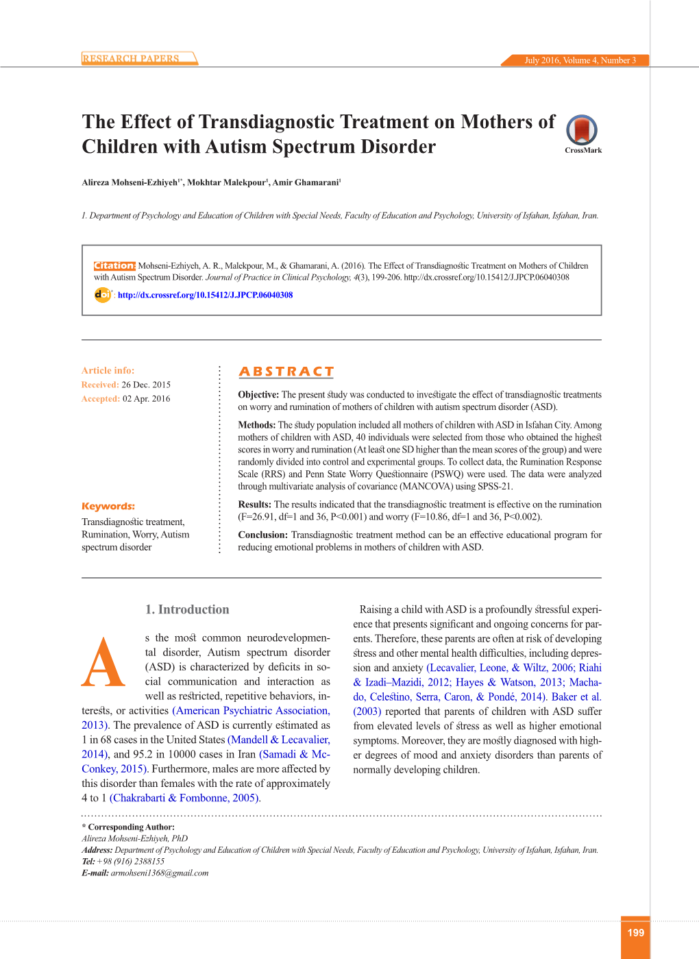 The Effect of Transdiagnostic Treatment on Mothers of Children with Autism Spectrum Disorder