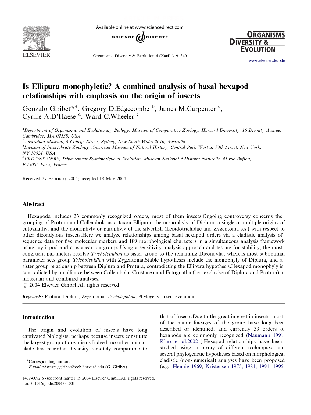 Is Ellipura Monophyletic? a Combined Analysis of Basal Hexapod