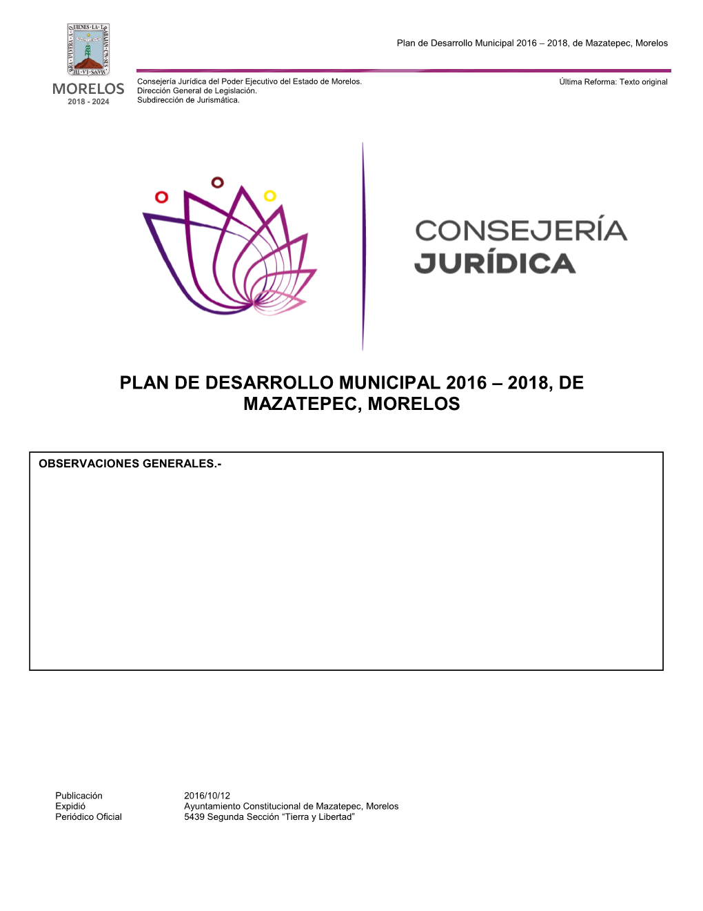 Plan De Desarrollo Municipal 2016 – 2018, De Mazatepec, Morelos