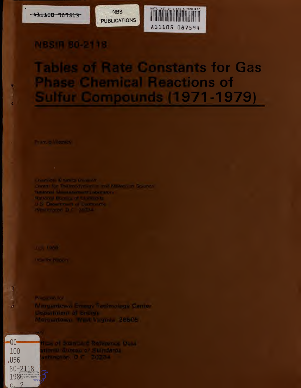 Tables of Rate Constants for Gas Phase Chemical Reactions of Sulfur Compounds (1971-1979)