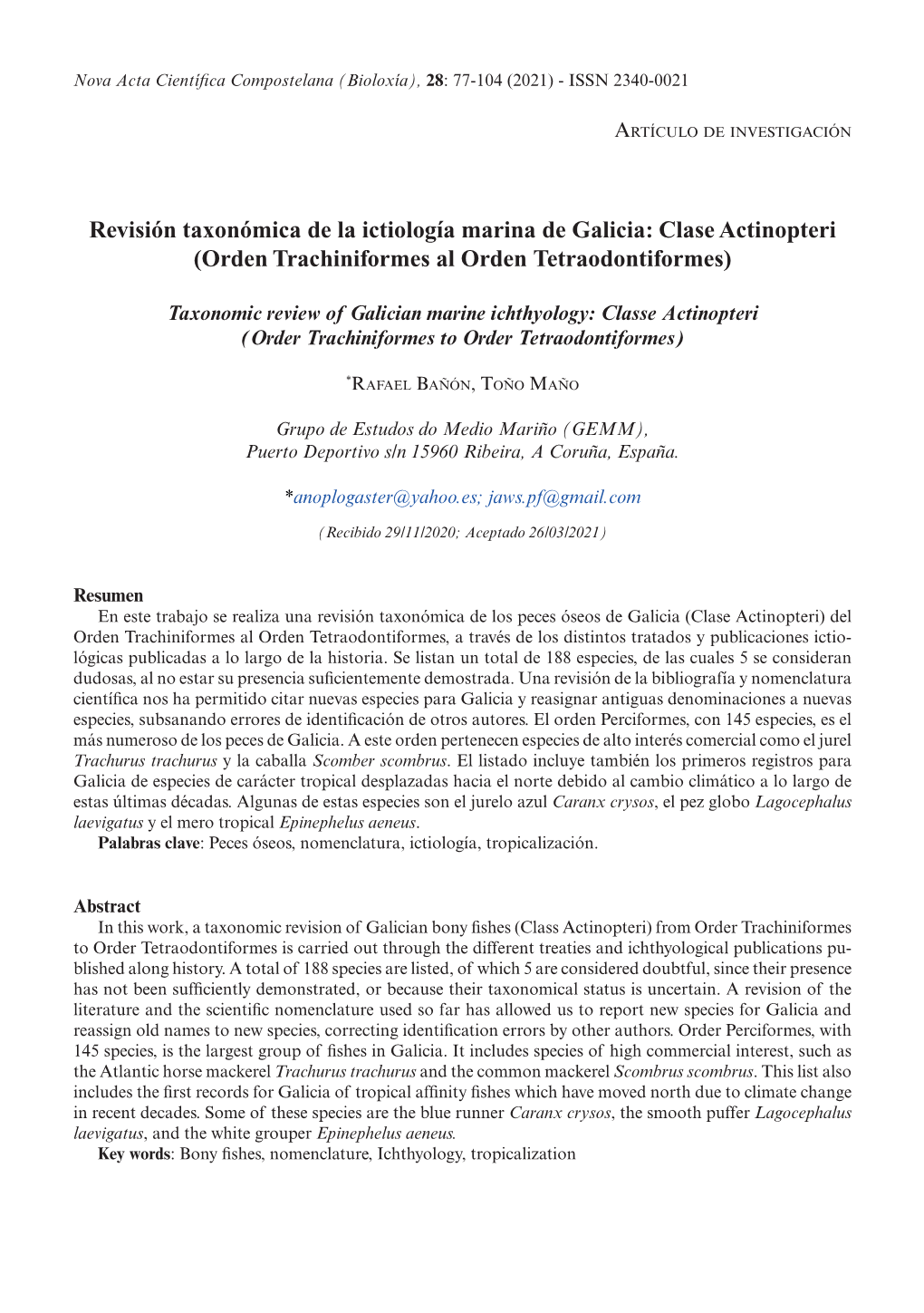 Revisión Taxonómica De La Ictiología Marina De Galicia: Clase Actinopteri (Orden Trachiniformes Al Orden Tetraodontiformes)