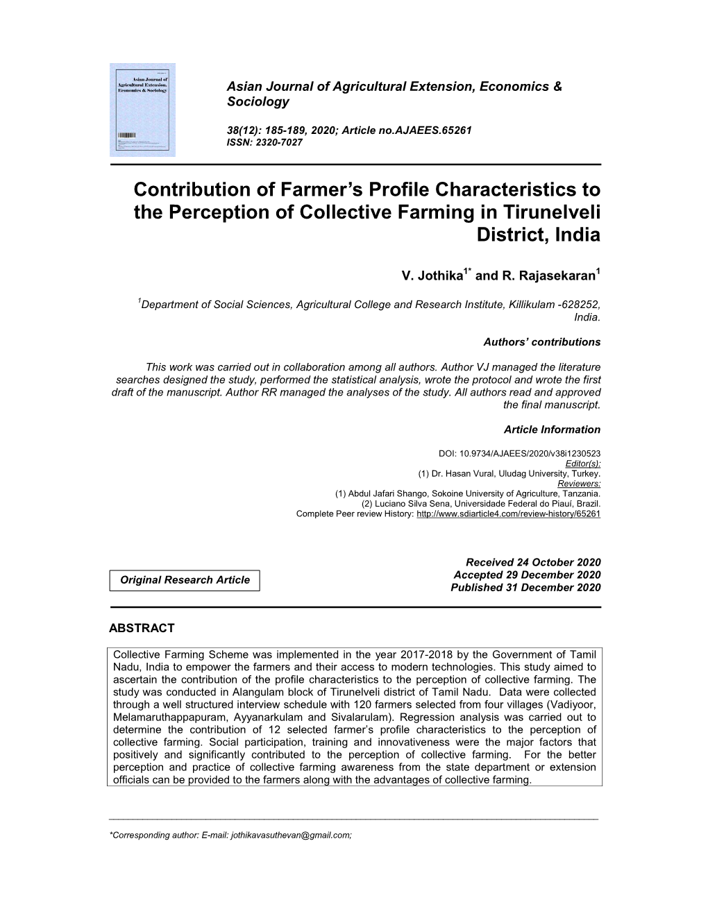 Contribution of Farmer's Profile Characteristics to the Perception Of