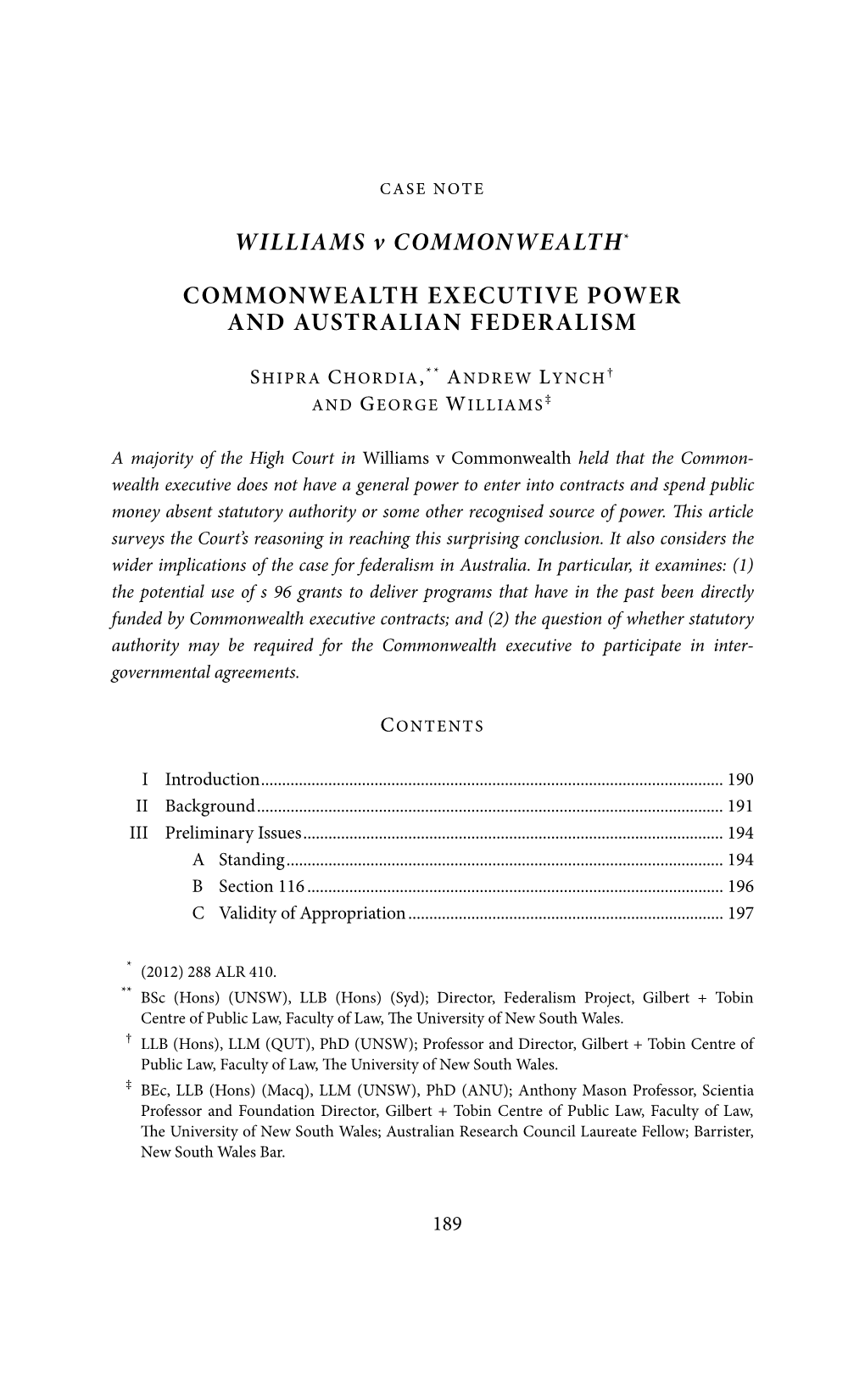 Williams V Commonwealth: Commonwealth Executive Power